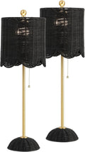 JONATHAN Y 27.5' Black/Brass Gold Coastal Buffet Table Lamp Set of 2 for Bedroom, Boho Table Lamps with Natural Rattan Scalloped Shade, Pull Chain, LED Bulbs Included (JYL1138C-SET2)