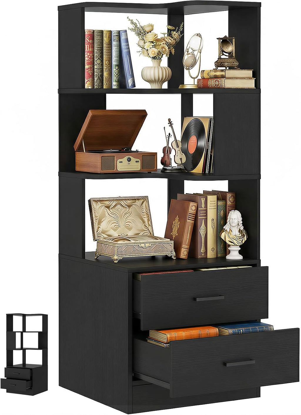 Armocity Corner Bookshelf with Drawers, 6 Tier Corner Book Shelf Display Bookcase, Freestanding L Shaped Bookshelf for Bedroom, Living Room, Home Office, Black