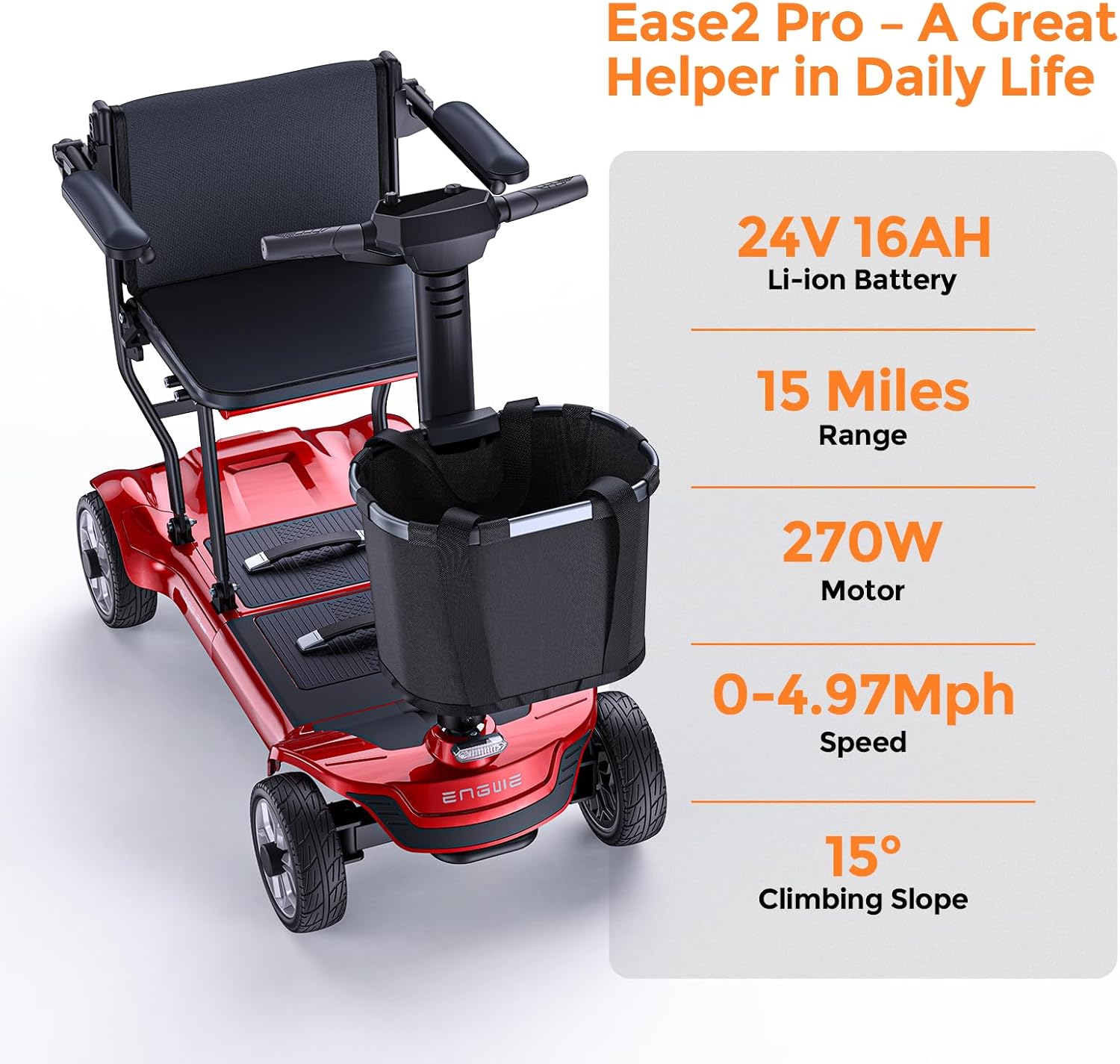 ENGWE Ease2 Pro Mobility Scooter, Lightweight Folding Mobility Scooters for Adults Seniors, 15Miles Long Travel Removable 384WH Lithium Batteries(Red)