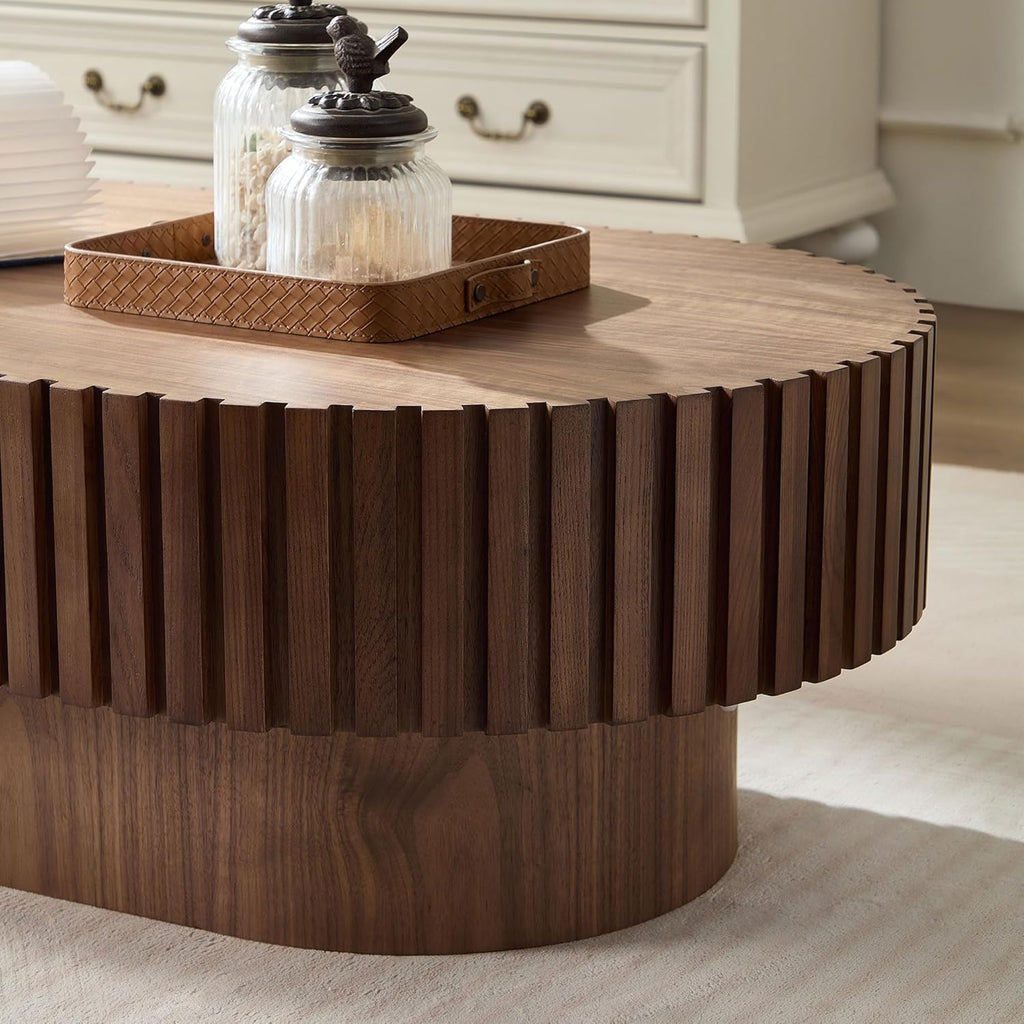 Oval Coffee Table for Living Room Fluted Coffee Table Mid Century Modern Center Table Wood Tea Table with Pedestal Home Furniture Office Apartment Easy Assembly 43.7' Walnut