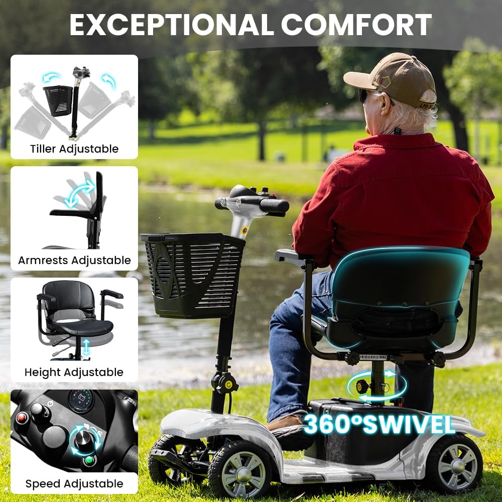 SUNDERWELL Mobility Scooters for Seniors & Adults, Compact Foldable Mobility Scooter with Tool-Free Disassembly, 15 Miles Electric Powered Mobility Scooters with 300 lb Capacity & USB Port (Silver)