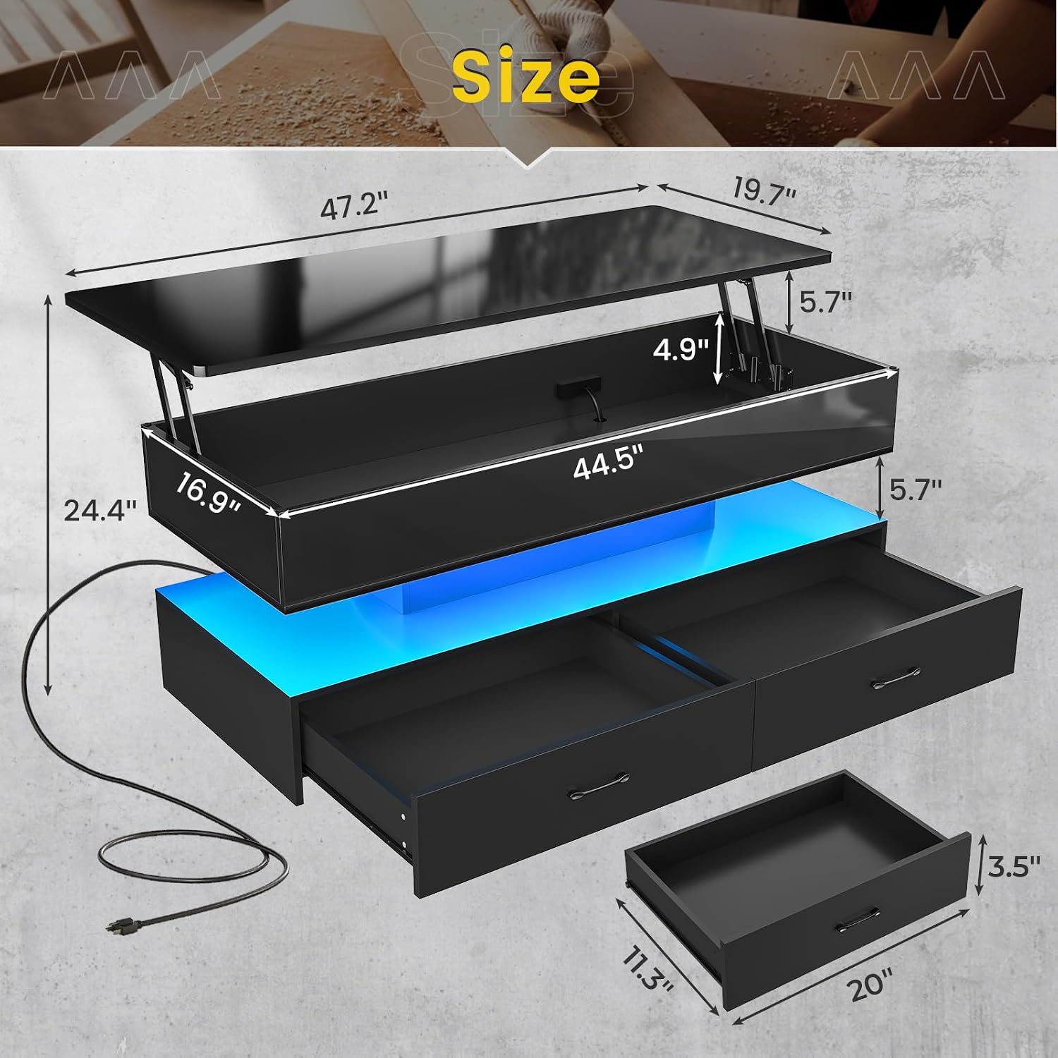 SEDETA 47.2' Lift Top Coffee Table, Coffee Tables with Storage for Living Room, 2 Drawers Coffee Table with Power Outlet & LED Light for Dining Reception Room, High Gloss Black