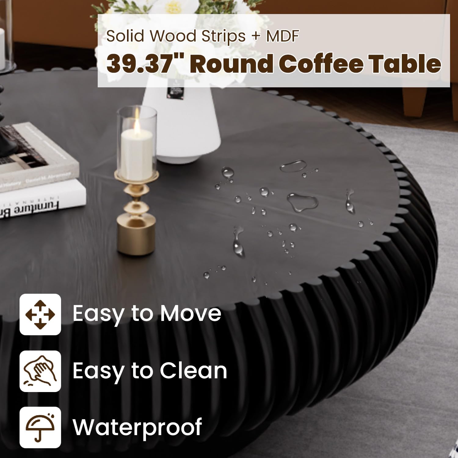39.3' Drum Coffee Table Modern Unique Fluted Tea Table Contemporary Wood Round Coffee Table with Fluted Centry Table for Living Room Walnut (39.3' Black)
