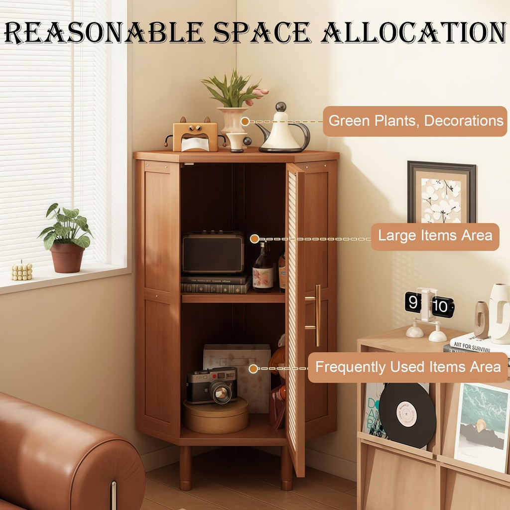 Corner Shelf, Bamboo Storage Cabinet with Woven Doors, Multi-Tier Floor Standing Organizer for Living Room, Bedroom, Study Corner (Black,15.7' L*15.7' W*39.3' H)