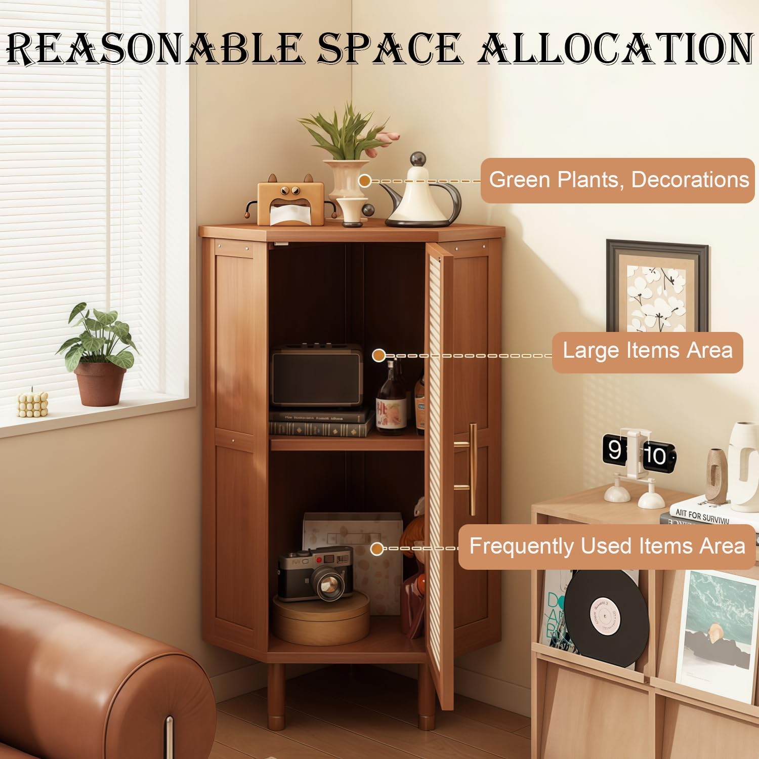 Corner Shelf, Bamboo Storage Cabinet with Woven Doors, Multi-Tier Floor Standing Organizer for Living Room, Bedroom, Study Corner (Black,15.7' L*15.7' W*39.3' H)