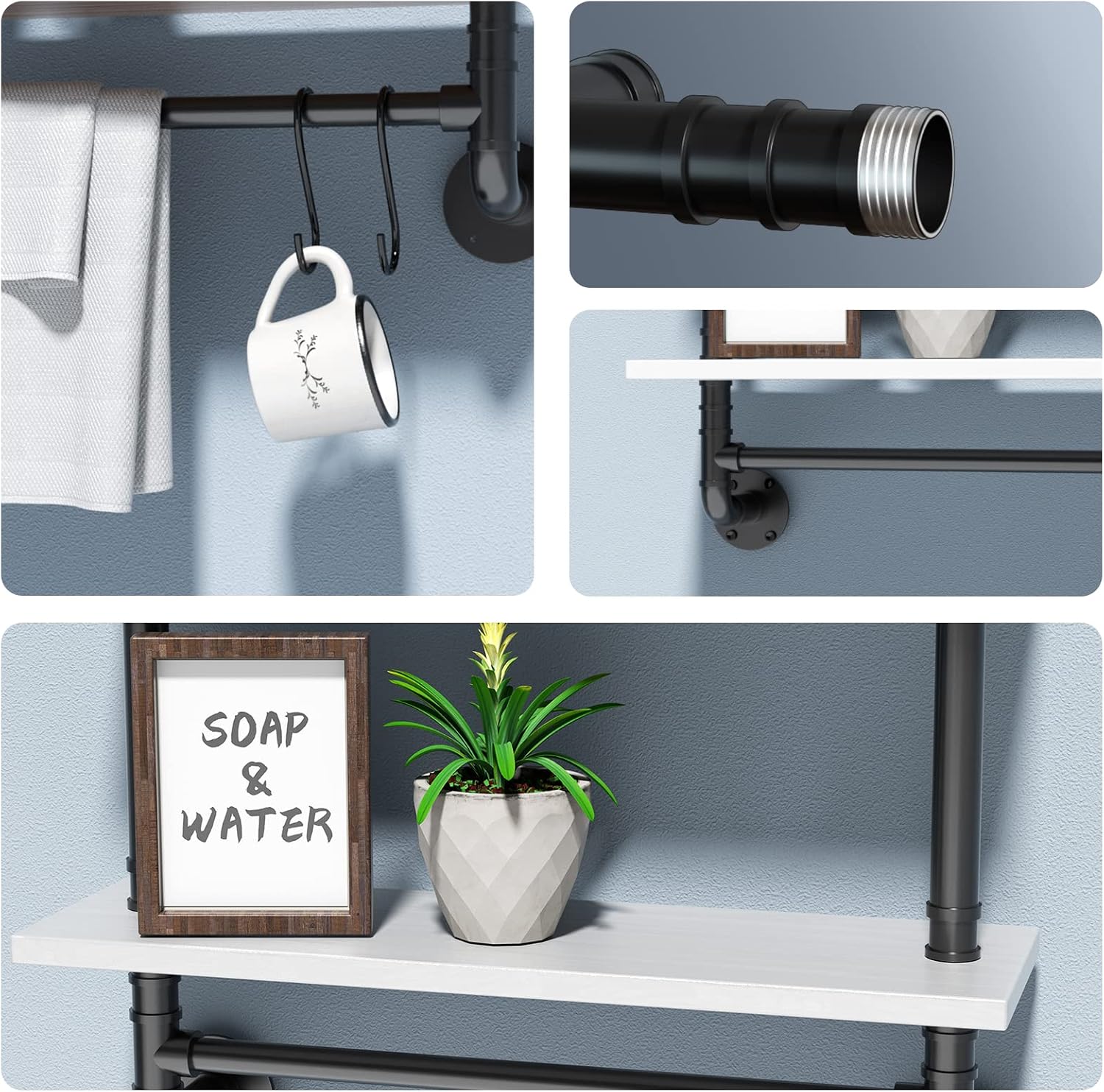 24in Industrial Pipe Shelving Bathroom 2 Tier Shelves with Towel Bar Retro White Rustic Farmhouse Pipe Industrial Wall Shelves Over Toilet for Storage
