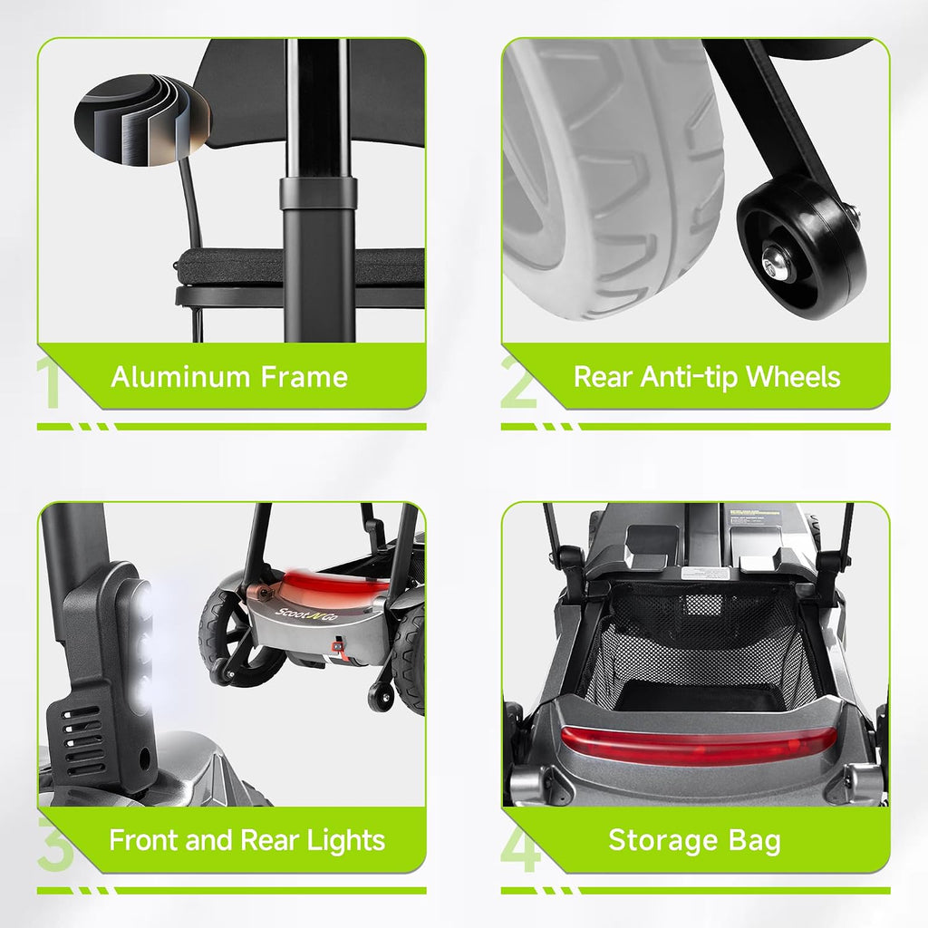 SCOOTNGO Mobility Scooters for Seniors, 4 Wheel Foldable Lightweight Airline Approved Mobility Scooter for Adults, Dual Batteries, Portable, No Assembly Needed (Silver Grey, Standard)