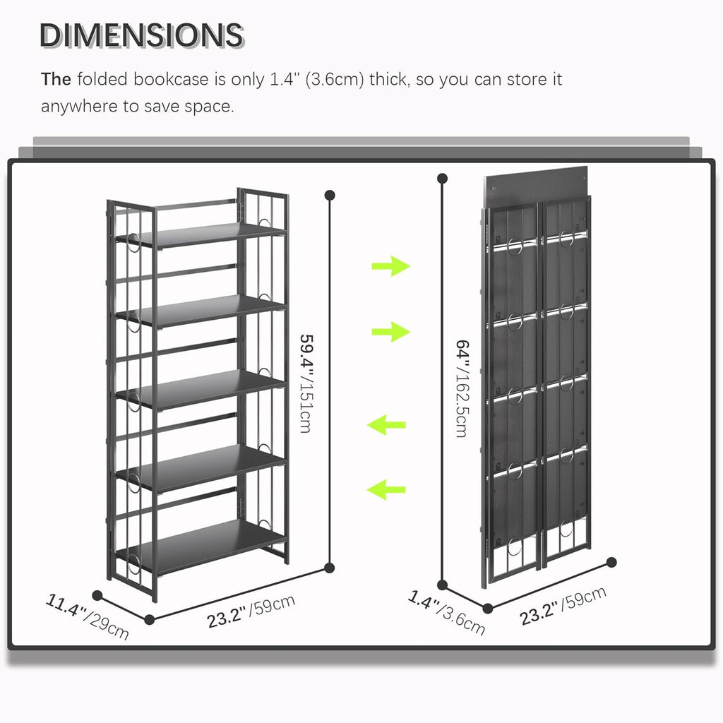 4NM No Assembly 5 Tiers Folding Bookshelf, 59.4' H Foldable Storage Shelves Vintage Bookcase Standing Racks Study Organizer Home Office - All Black