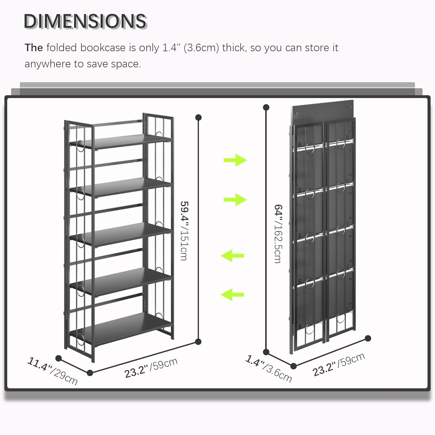 4NM No Assembly 5 Tiers Folding Bookshelf, 59.4' H Foldable Storage Shelves Vintage Bookcase Standing Racks Study Organizer Home Office - All Black