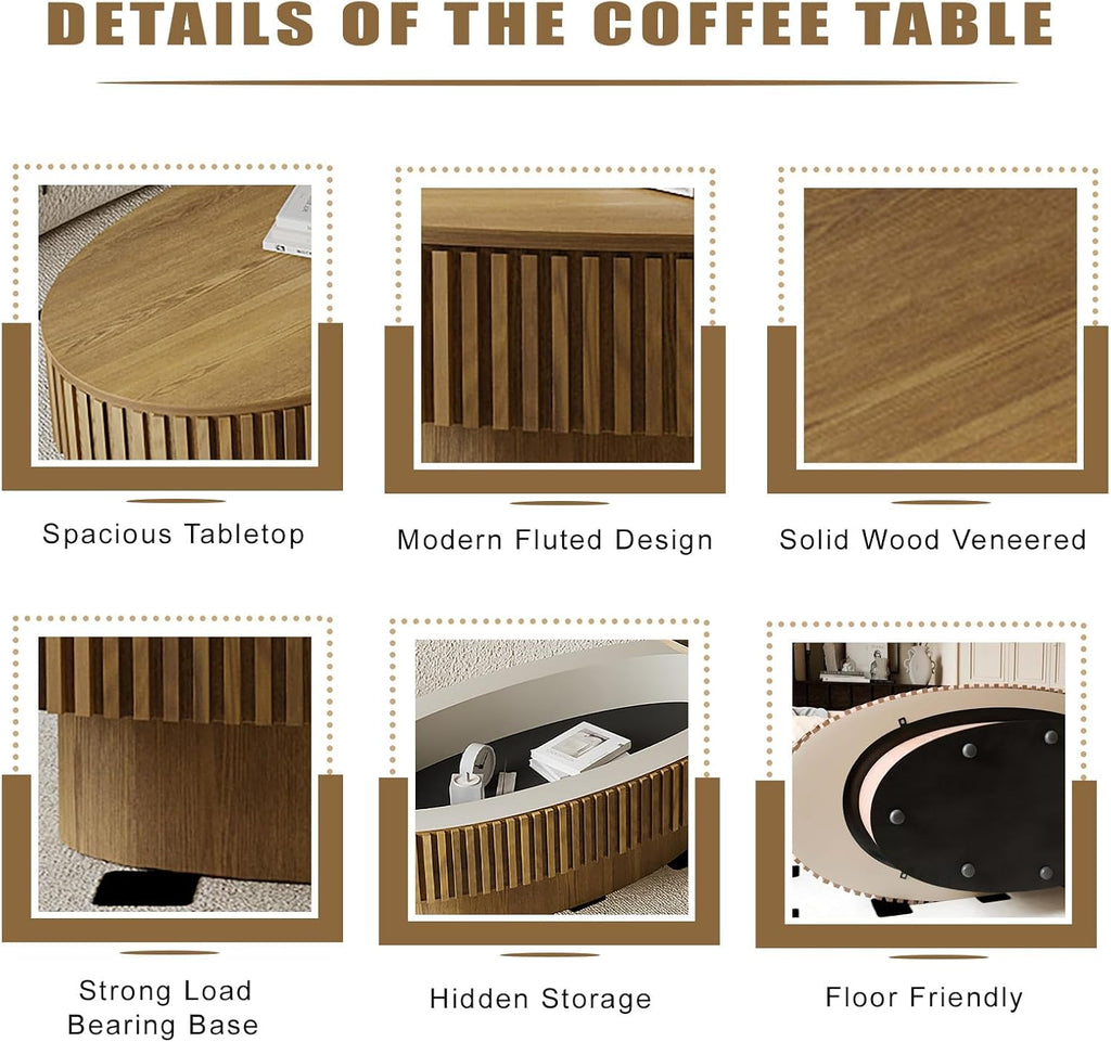 Oval Coffee Table with Storage, Modern Walnut Coffee Table with Solid Wood Veneered, Fluted Center Table Wood Drum Tea Table for for Living Room Apartment, 47.2''L×23.6''W×14.2''H