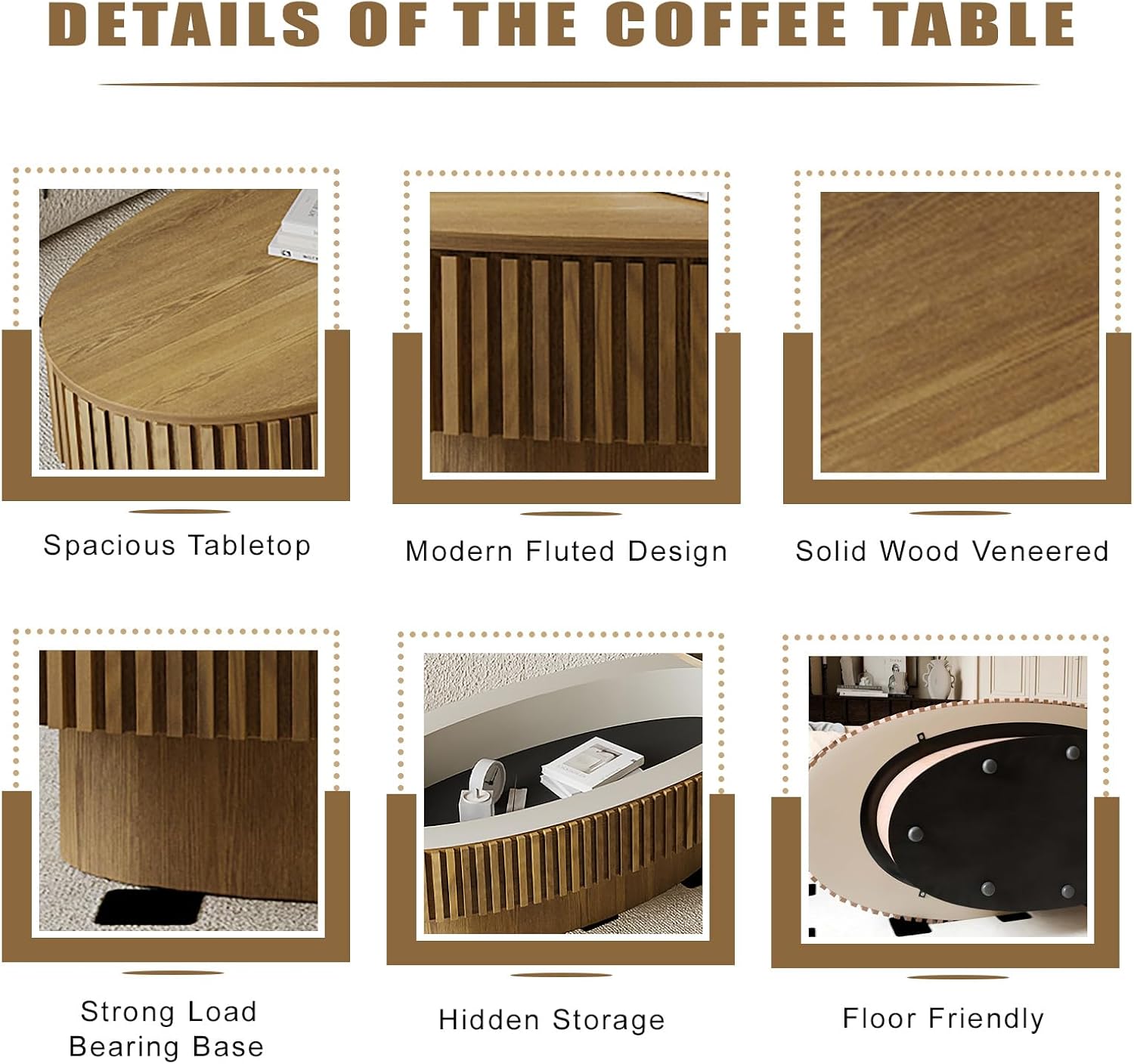 Oval Coffee Table with Storage, Modern Walnut Coffee Table with Solid Wood Veneered, Fluted Center Table Wood Drum Tea Table for for Living Room Apartment, 47.2''L×23.6''W×14.2''H