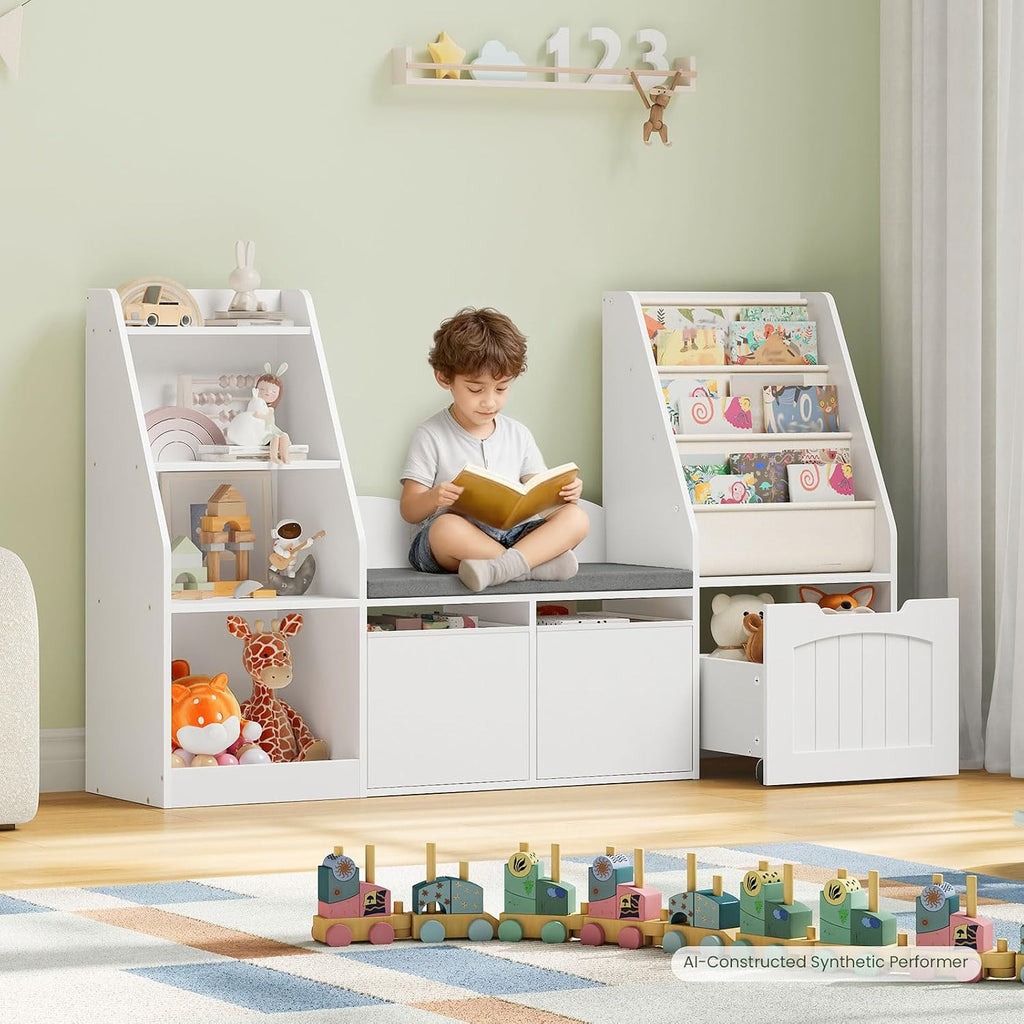 CHOEZON 53.1' Kids Bookshelf with Reading Nook, 4-in-1 Children's Bookcase with Soft Bench, Mobile Drawer & Fabric Bins, Storage Shelves, Bookshelf for Kids, White MCW18WB