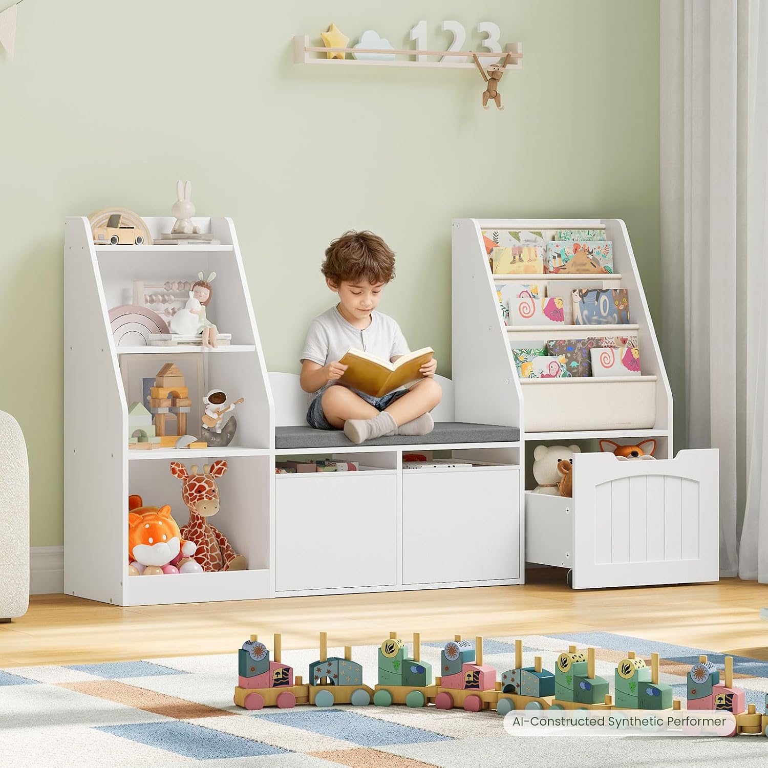 CHOEZON 53.1' Kids Bookshelf with Reading Nook, 4-in-1 Children's Bookcase with Soft Bench, Mobile Drawer & Fabric Bins, Storage Shelves, Bookshelf for Kids, White MCW18WB