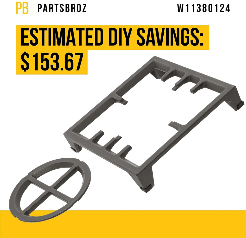 PartsBroz W11380124 Burner Grate - Compatible With Whirlpool KitchenAid Range - Replaces AP6893023 W11291183 PS12728576 Ultra Durable Replacement Repair Parts Simple Installation