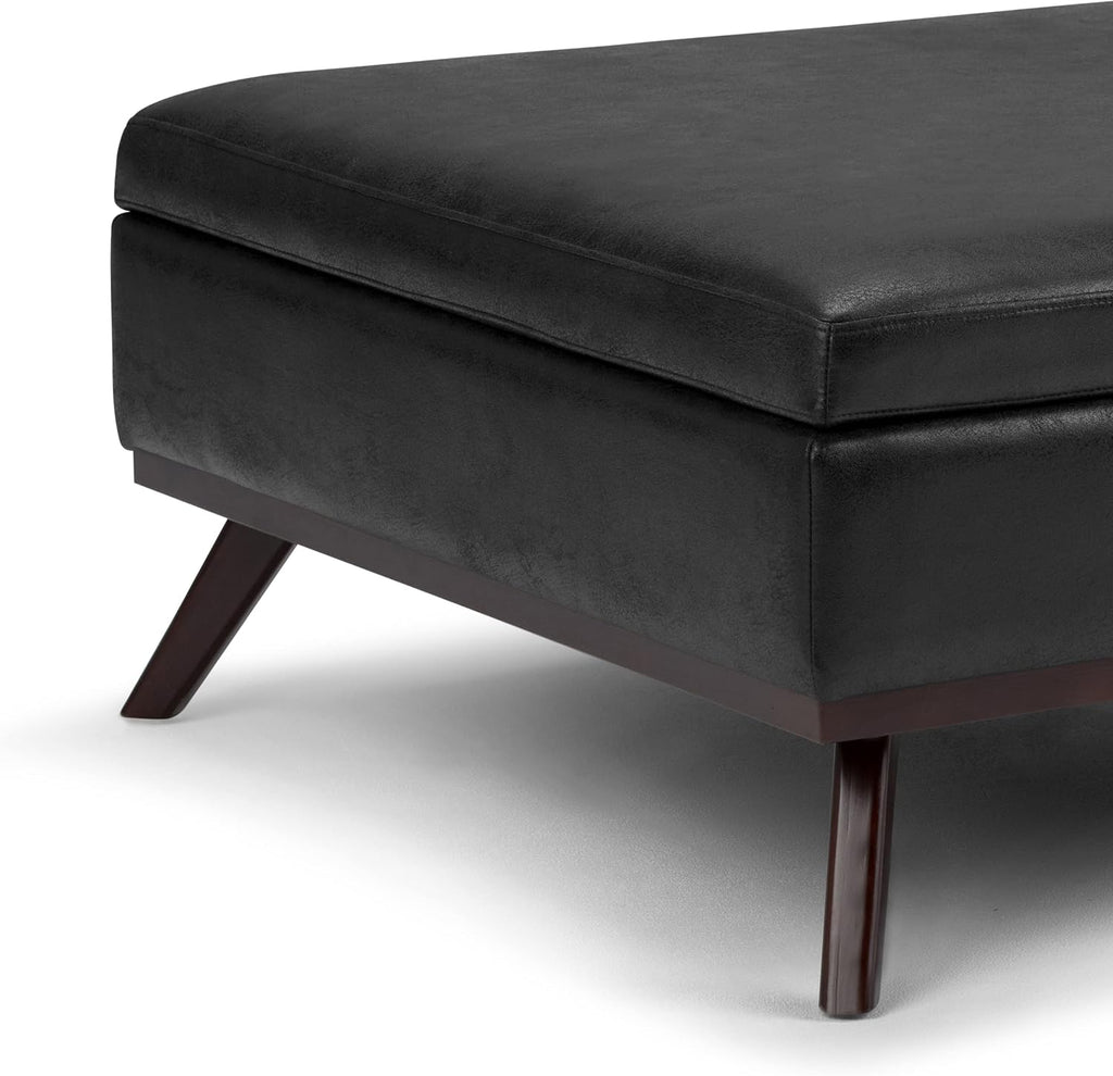 SIMPLIHOME Owen Square Coffee Table Storage Ottoman - 36 inch Wide Upholstered Vegan Leather Lift-Top Ottoman in Distressed Black, Mid-Century Modern Ottoman for Living Room with Tufted Detail