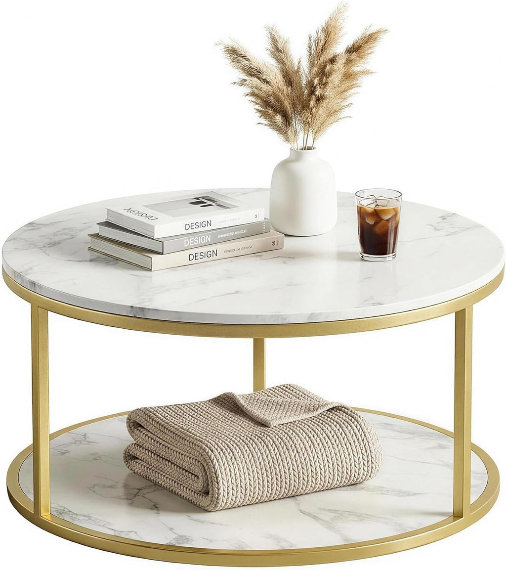 YESHOMY 36' Round Coffee Table, 2-Tier Wood Center Table with Storage Shelf, Heavy-Duty Metal Frame, Easy Assembly, Ideal for Living Room & Small Spaces, Black