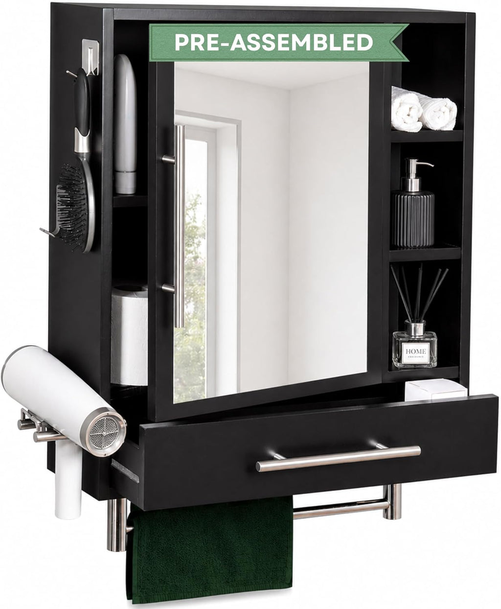 PRE-ASSEMBLED Bathroom Wall Cabinet with Mirror, READY-To-INSTALL Medicine Cabinet, Over the Toilet Storage Cabinet with Storage Shelves, Towel Bar & Hooks for Bathroom, Laundry, Living & Room Kitchen