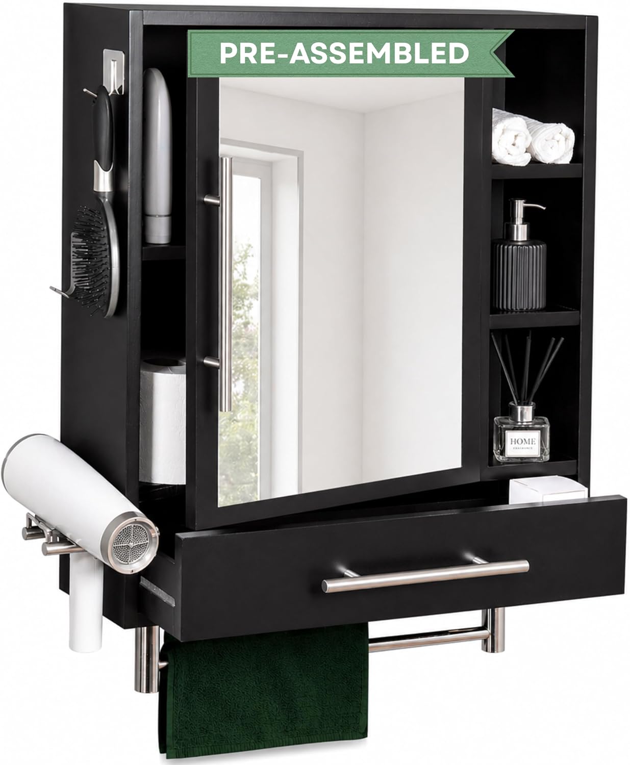 PRE-ASSEMBLED Bathroom Wall Cabinet with Mirror, READY-To-INSTALL Medicine Cabinet, Over the Toilet Storage Cabinet with Storage Shelves, Towel Bar & Hooks for Bathroom, Laundry, Living & Room Kitchen