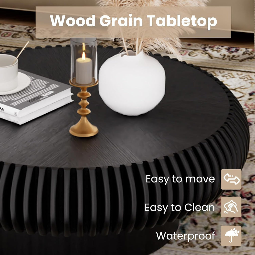 Fluted Drum Coffee Table Round Coffee Table for Living Room Mid Century Modern Coffee Tables with Sturdy Pedestal Circle Center Tea Table Accent Tea Table for Small Space Apartment (31.5' Black)
