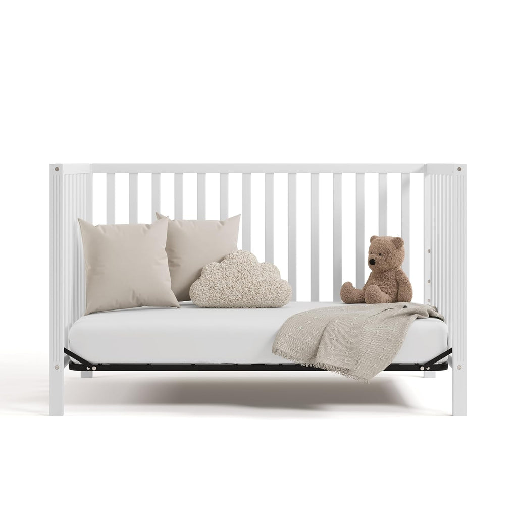 Storkcraft Morningside 5-in-1 Convertible Crib – GREENGUARD Gold Certified, Fits Standard Crib Mattress, Converts to Toddler Bed, Daybed and Full Bed, 4 Adjustable Mattress Heights (White)