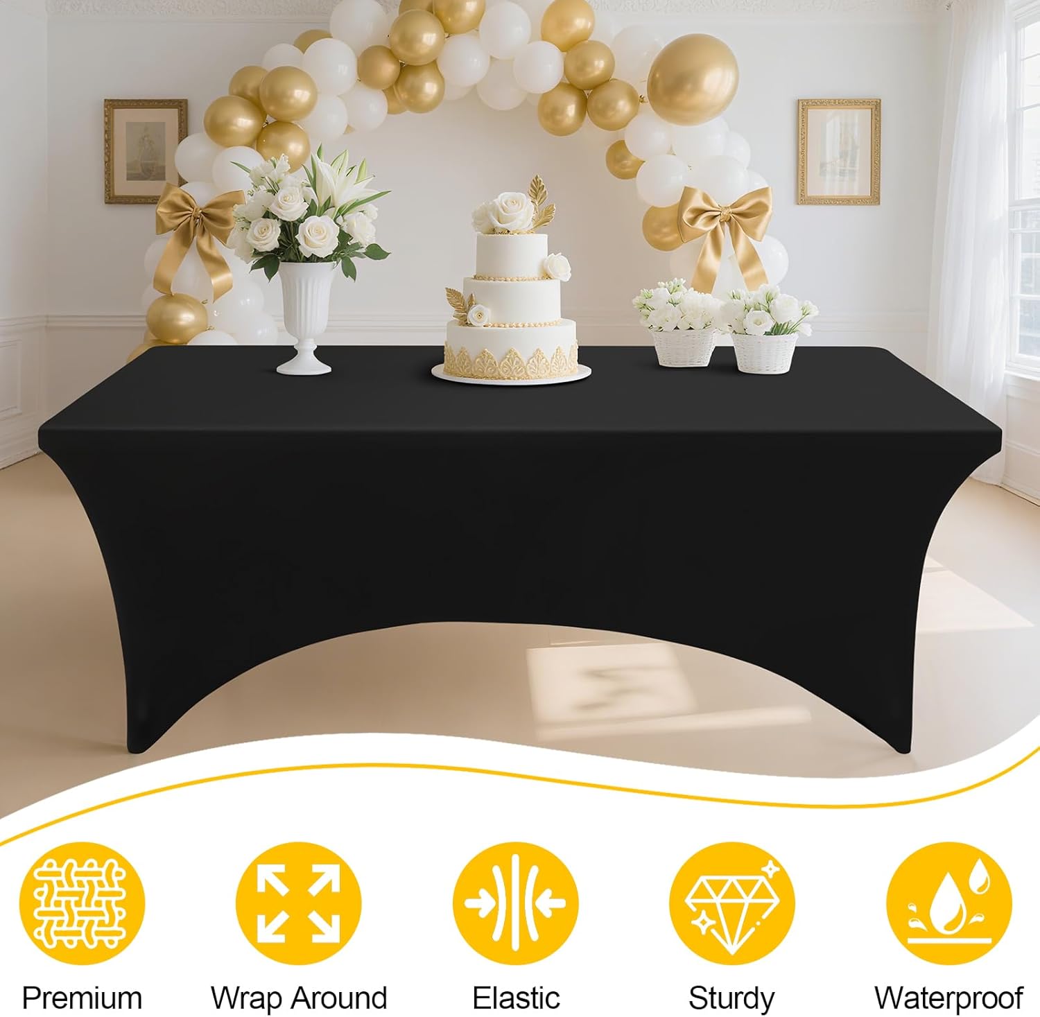 Smiry 10 Pack Spandex Table Cloth 8FT, Elastic Fitted Stretch Tablecloths, Washable and Wrinkle Free Rectangular Patio Table Cover for Outdoor, Wedding, Banquet & Parties (Black, 96Lx30Wx30H Inch)
