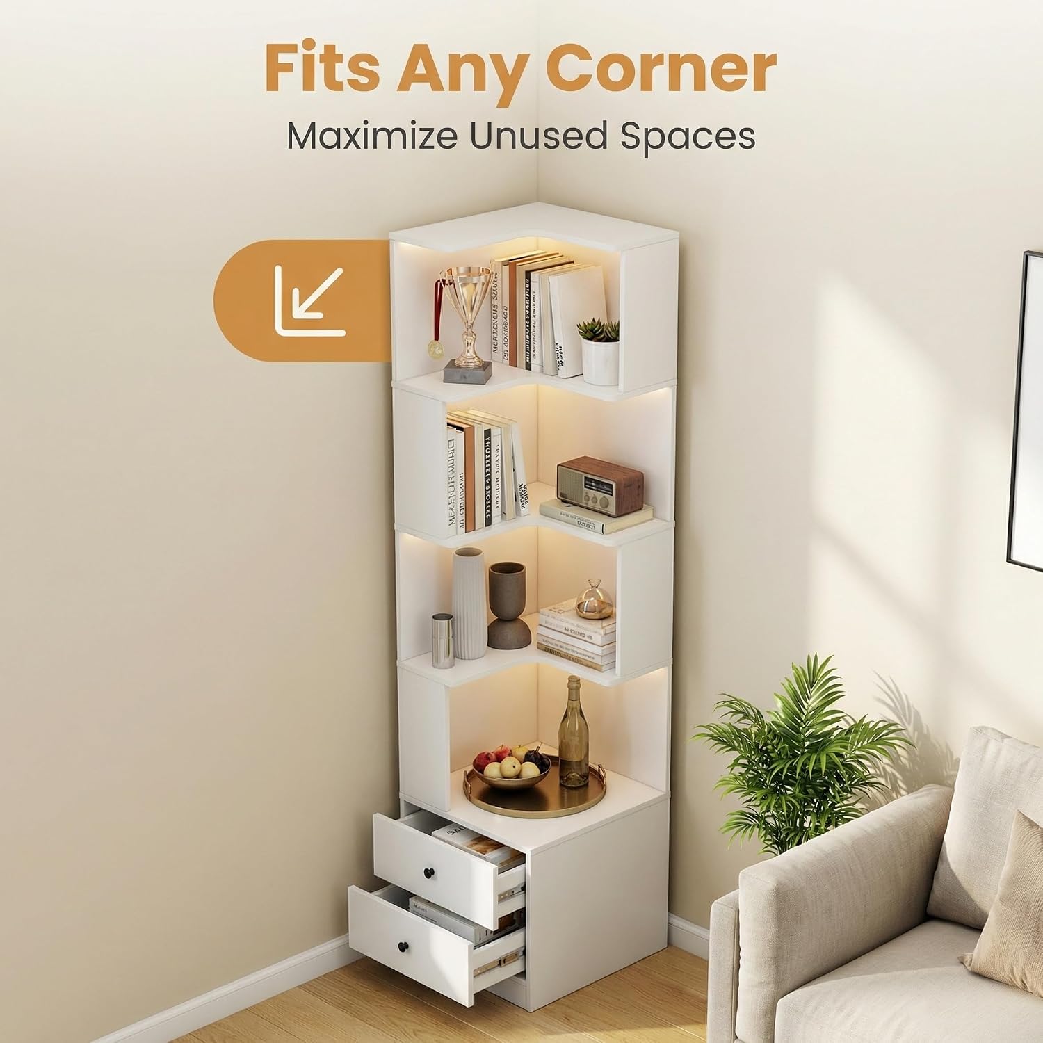 4 Tier Corner Bookshelf with Drawers, L Shaped Freestanding Corner Bookcase with LED Lights and Baffle, Space Saving Display Shelf for Living Room, Bedroom, Home Office, Kitchen(White)