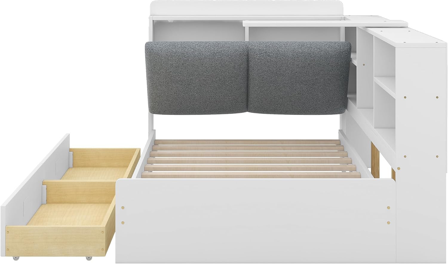 Twin Size Daybed with Storage Drawers and Bookcase,White | Pine Wood Corner Bed,Upholstered Storage Headboard,for Kids Boys Girls,Rotatable Board