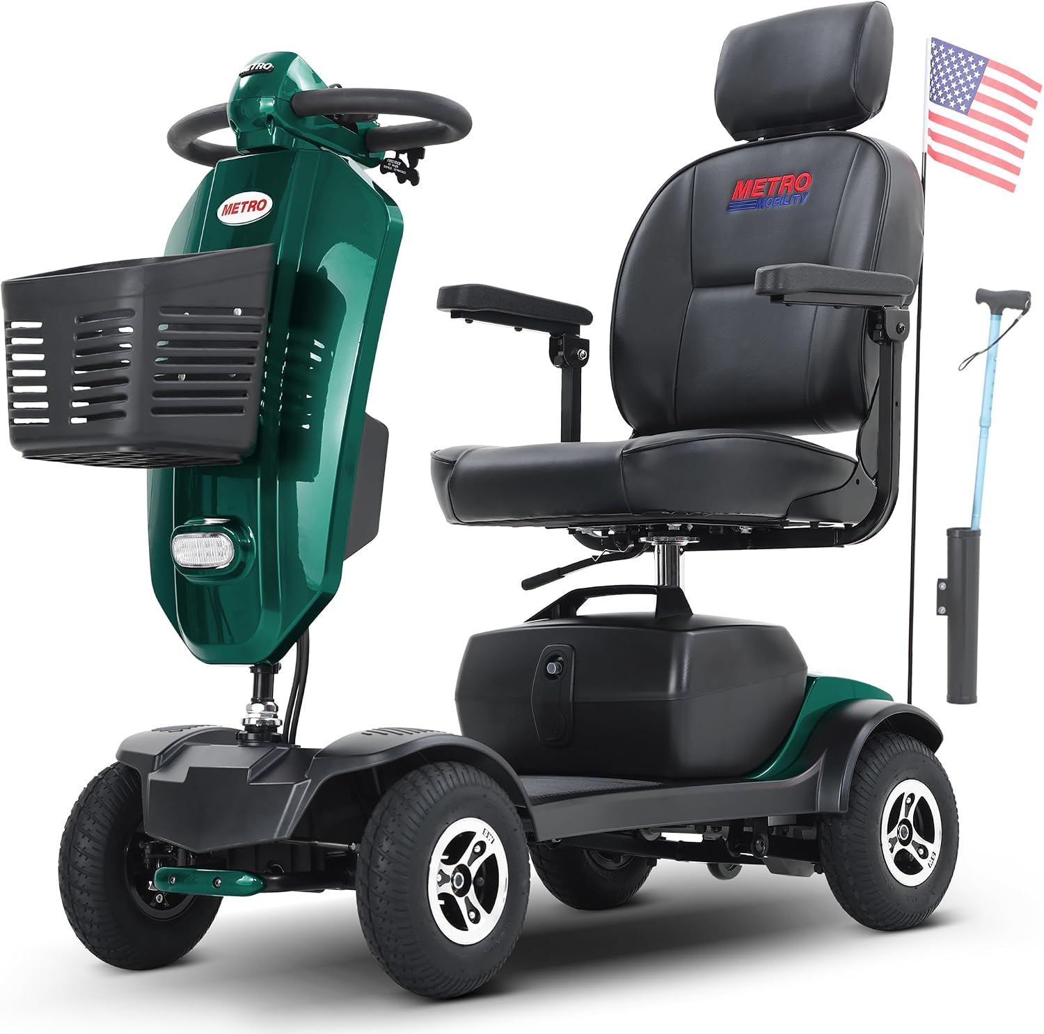 Metro Mobility 4 Wheel Folding Mobility Scooters for Seniors - 300 lbs Capacity Electric Mobility Scooter for Adults, Travel - Long Range Power Extended Battery & Freewheel Mechanism - Emerald