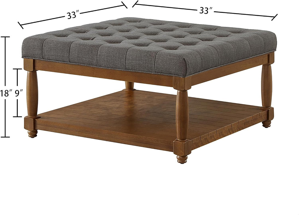 GDFStudio Large Square Upholstered Tufted Linen Ottoman Coffee Table with Solid Wood Frame and Open Storage Shelf, Nailhead Trim Accent Footrest for Living Room, Granite