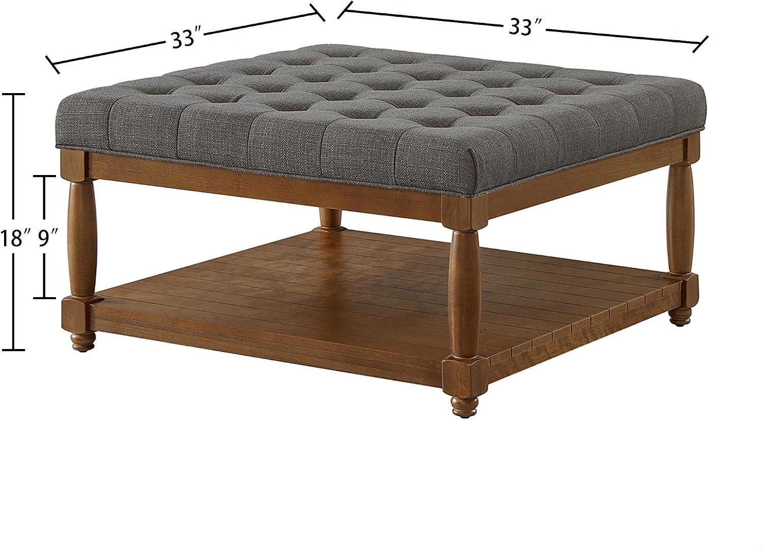 GDFStudio Large Square Upholstered Tufted Linen Ottoman Coffee Table with Solid Wood Frame and Open Storage Shelf, Nailhead Trim Accent Footrest for Living Room, Granite