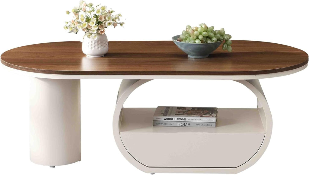 Luxury Oval Coffee Table, 47'' Modern Living Room Table with Storage Drawer, Wooden Wulnut MDF Top Sturdy Metal Base Beige White, Large Center Tables for Home Apartment