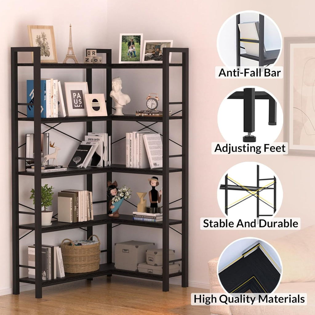 5-Shelf Corner Bookshelf, Large Open Shelf Bookcase,Black Metal Frame, L-Shaped Storage Rack with Cross Braces for Living Room Home Office
