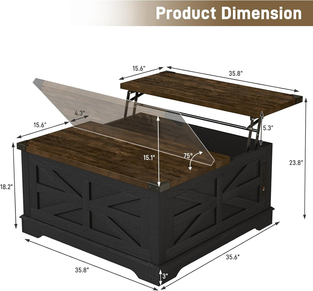 Hlivelood 36' Farmhouse Movable Lift Top Coffee Table with Storage and Power Outlets, Square Wood Living Room Tables with Wheels&Large Hidden Space, Lift Wooden Barn Door Center Table, Black