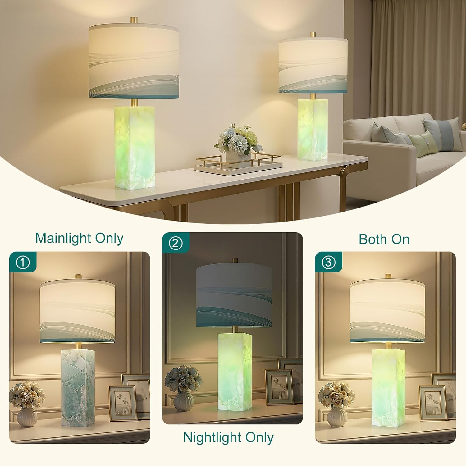 Scenekoy 23' Alabaster Table Lamp Set of 2 with Night Light for Bedroom Living Room, Rotary Switch, Blue Table Lamp with Linen Shade, Modern Nightstand Lamps for Room Bedside Bedroom (Bulb Included)