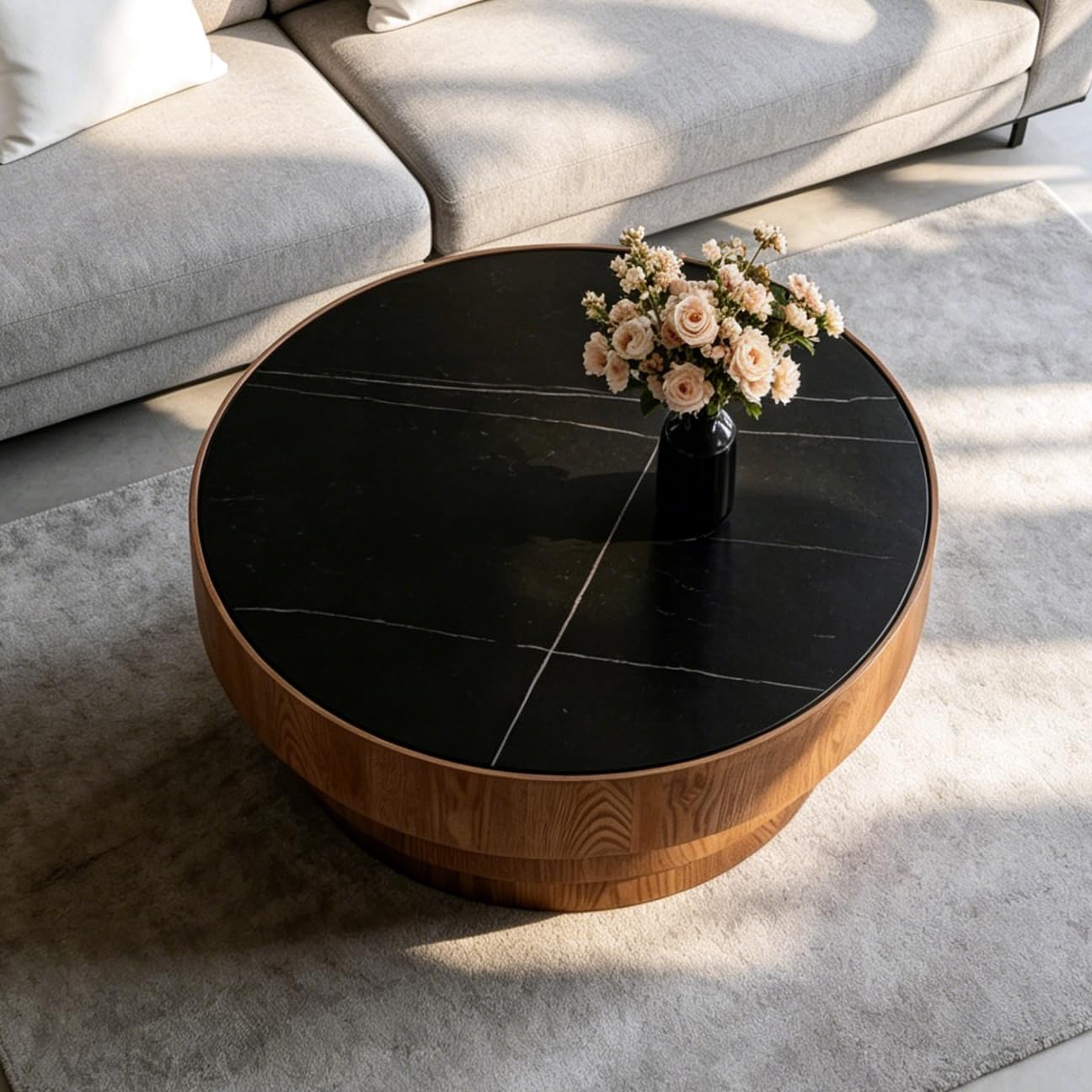 31.5' Round Marble Coffee Table for Living Room, Mid-Century Modern Coffee Table with Black Sintered Stone Top and Stable Wood Pedestal Base, Drum Cocktail Center Tea Tables for Bedroom Apartment