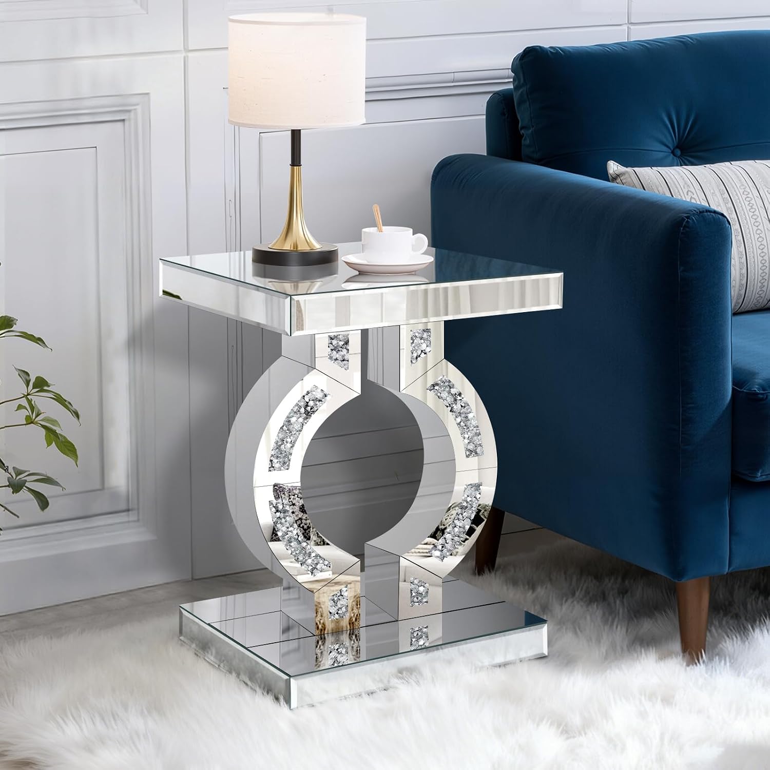 Crushed Diamond Mirrored End Table, Silver Side Accent Table, Small Mirrored Coffee Table for Living Room, Bedroom, 16'x12'x23'