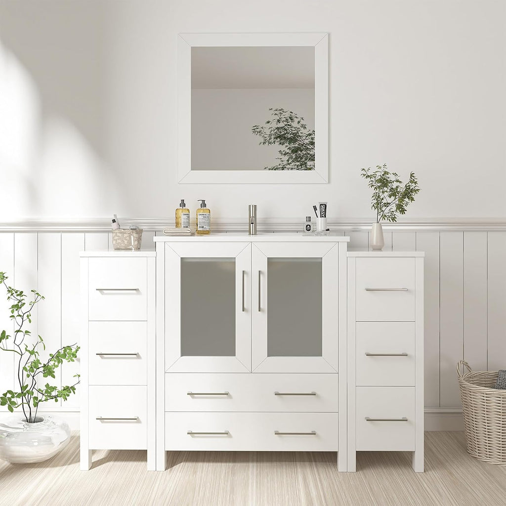 Vanity Art 54 Inch Under Mount Single Sink Bathroom Vanity Cabinet with 1 Mirror, Ceramic Top Bathroom Cabinet Compact Set with 8 Dovetail Drawers and Brushed Nickel Handles, VA3030-54-W