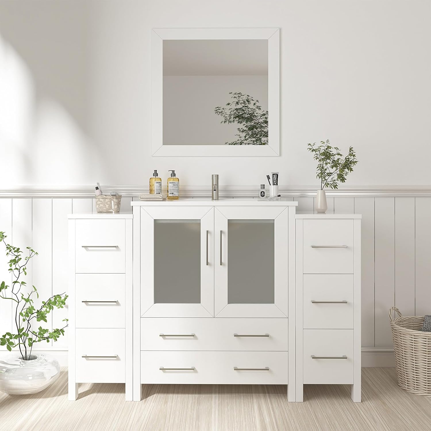 Vanity Art 54 Inch Under Mount Single Sink Bathroom Vanity Cabinet with 1 Mirror, Ceramic Top Bathroom Cabinet Compact Set with 8 Dovetail Drawers and Brushed Nickel Handles, VA3030-54-W