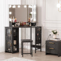 Corner Makeup Vanity Desk with Mirror Lights, Dimmable LED Vanity & USB Charging Station, Storage Cabinet & Stool, Adjustable Shelf, Bedroom Vanity for Women Girls, Grey