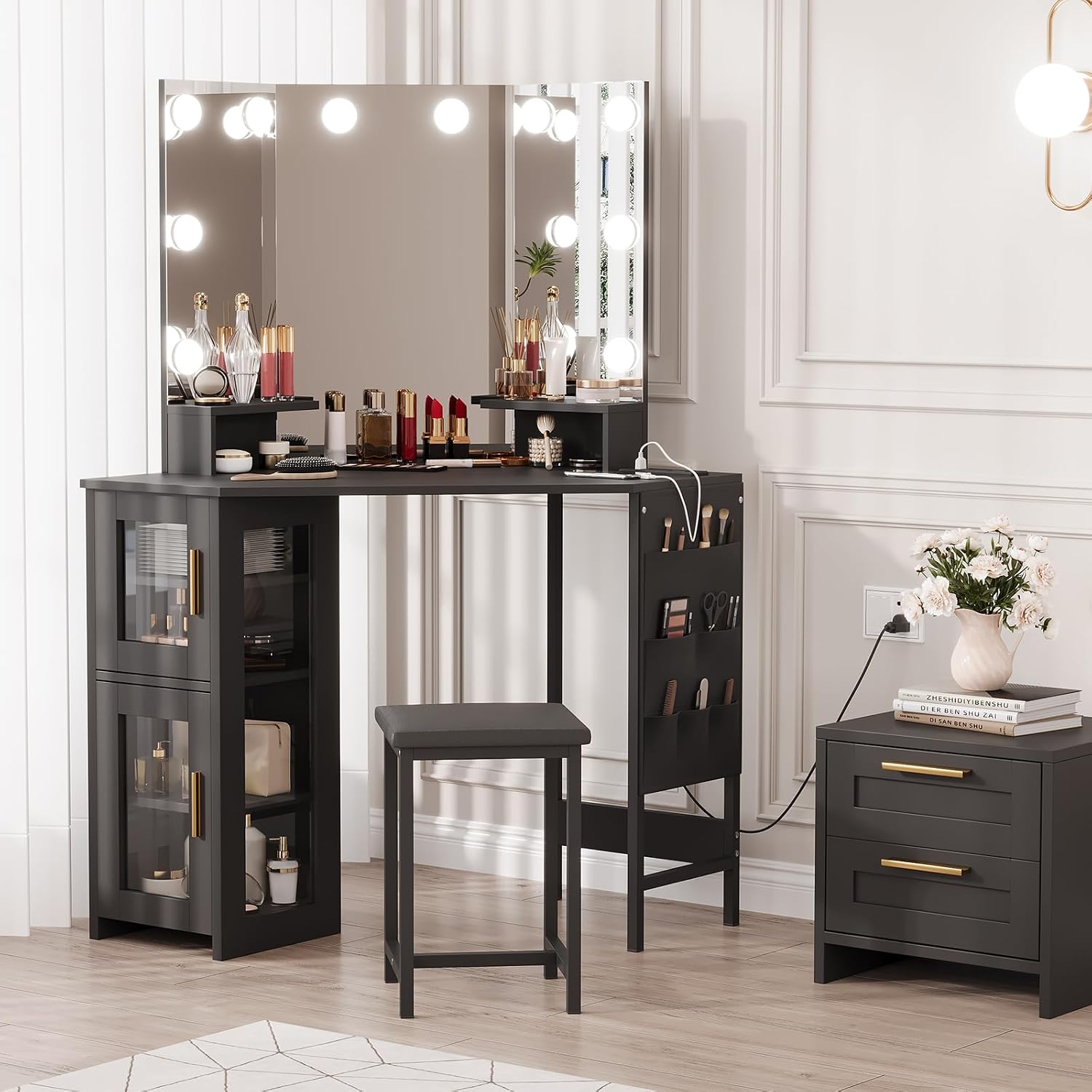 Corner Makeup Vanity Desk with Mirror Lights, Dimmable LED Vanity & USB Charging Station, Storage Cabinet & Stool, Adjustable Shelf, Bedroom Vanity for Women Girls, Grey