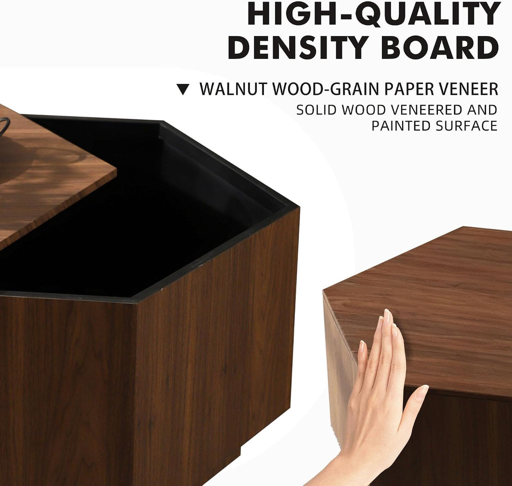 Hexagonal Nesting Coffee Tables Set of 2, Walnut Coffee Table with Storage, Mid Century Modern Center End Side Tables with Anti-Slip Feet for Living Room Farmhouse Apartment Office