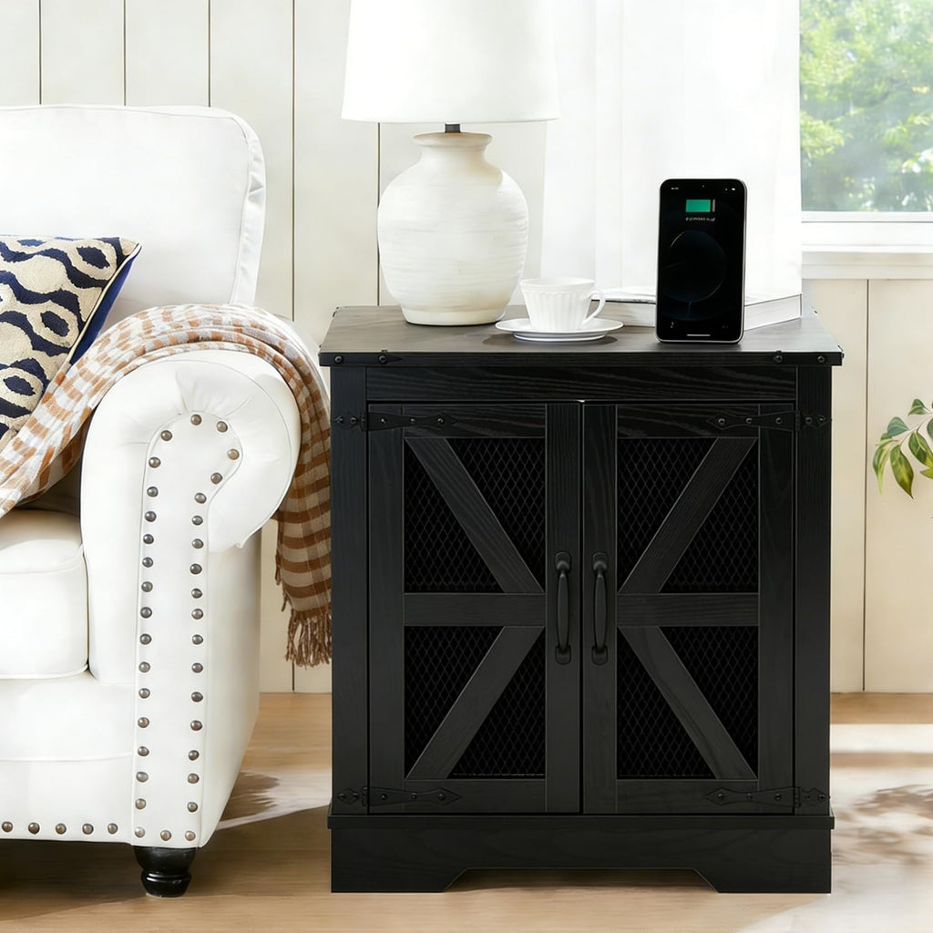 Black Farmhouse End Table Set of 2, 21' Wood Sofa Side Table with Charging Station, Rustic Nightstand with Mesh Barn Door for Living Room, Square