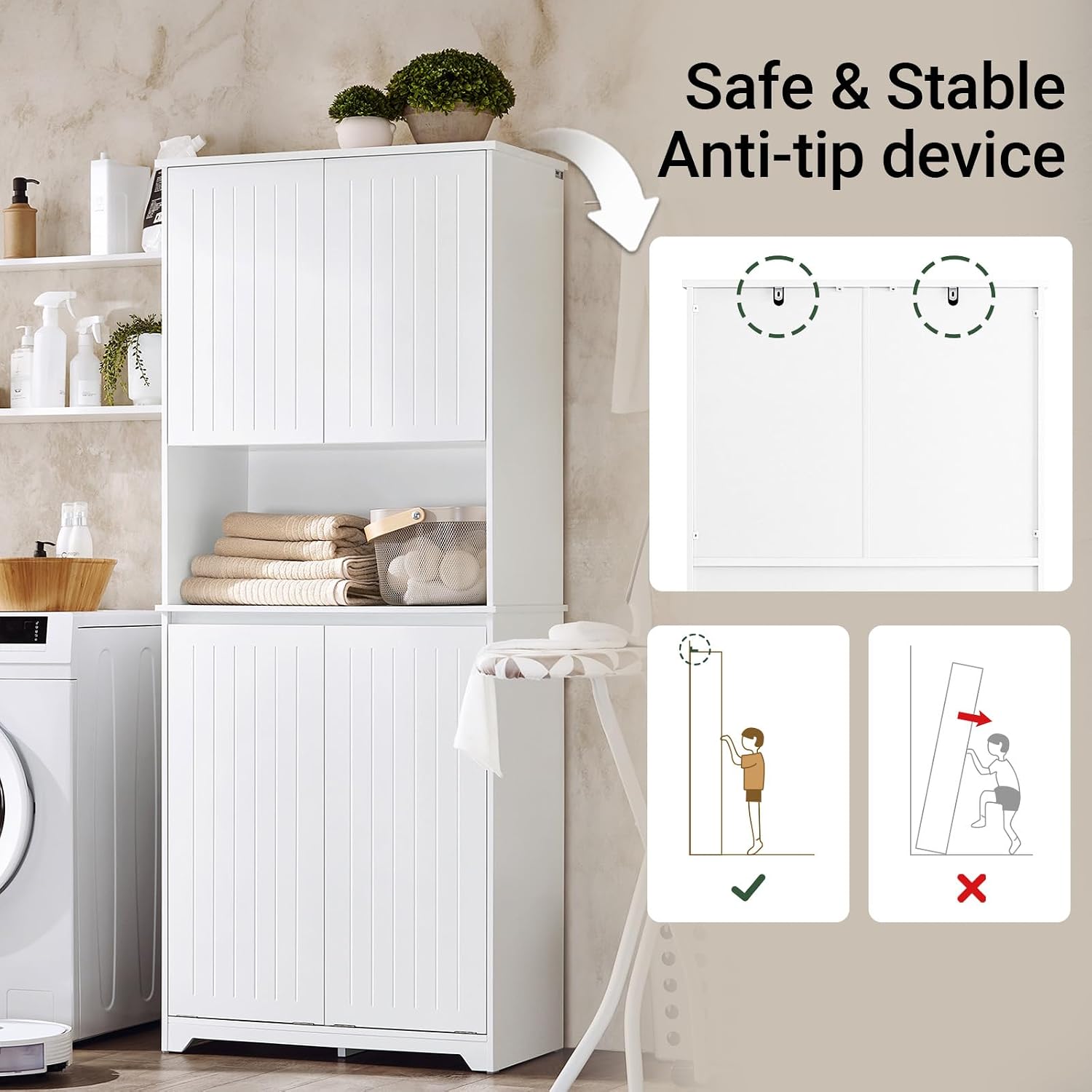 SoBuy Double Tilt Out Laundry Hamper Cabinet, Tall Bathroom Storage Cabinet with Adjustable Shelves and Hidden Pull Out Basket, Freestanding Storage Organizer for Laundry Room, White SO2-BZR150-W
