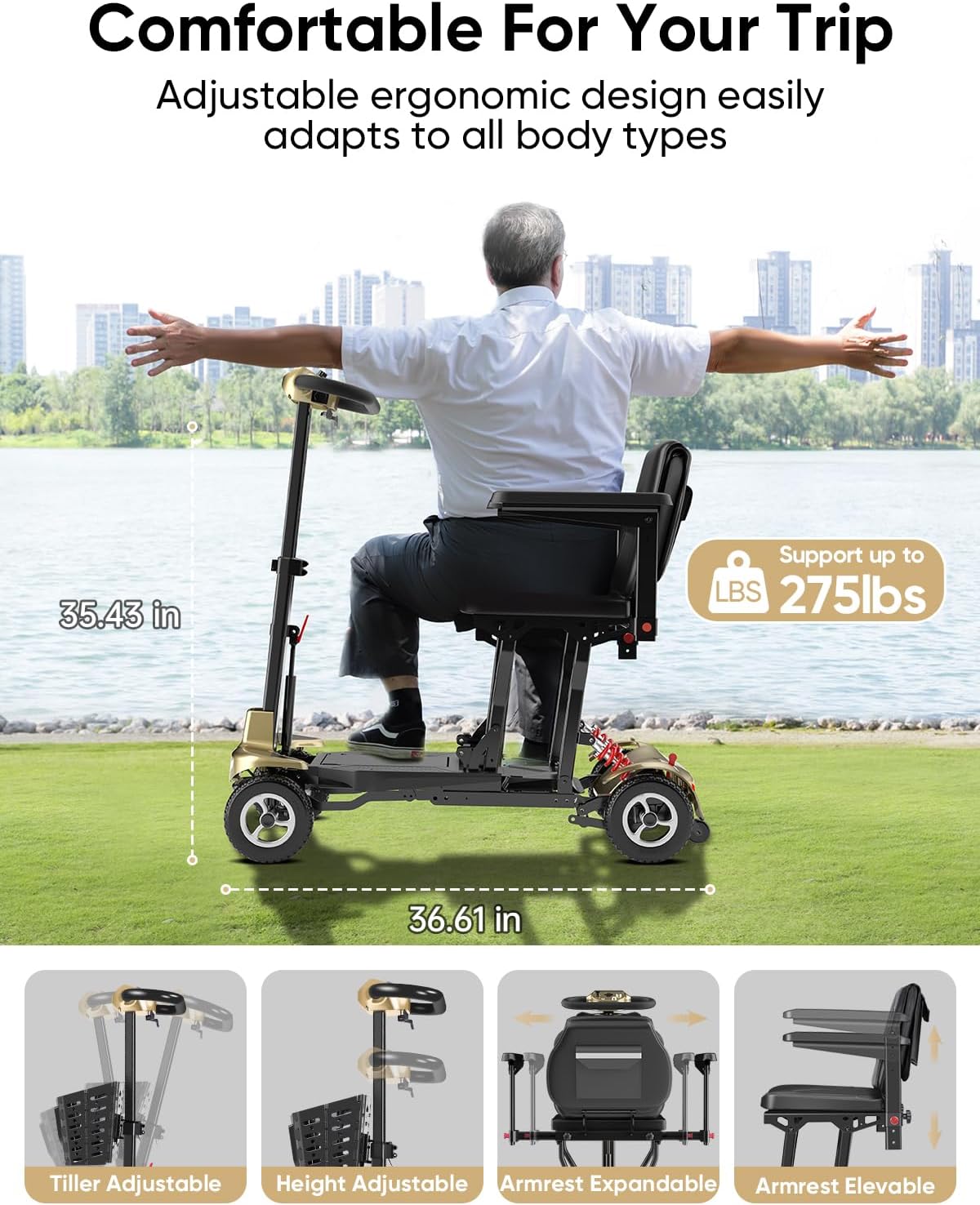 Ultra Light Folding Mobility Scooters for Adults Seniors - 37.5 lbs - 4 Wheel Electric Scooters Airline Cruise Approved for Travel, All Terrain Motorized Scooter, 275 lbs Capacity, Gold
