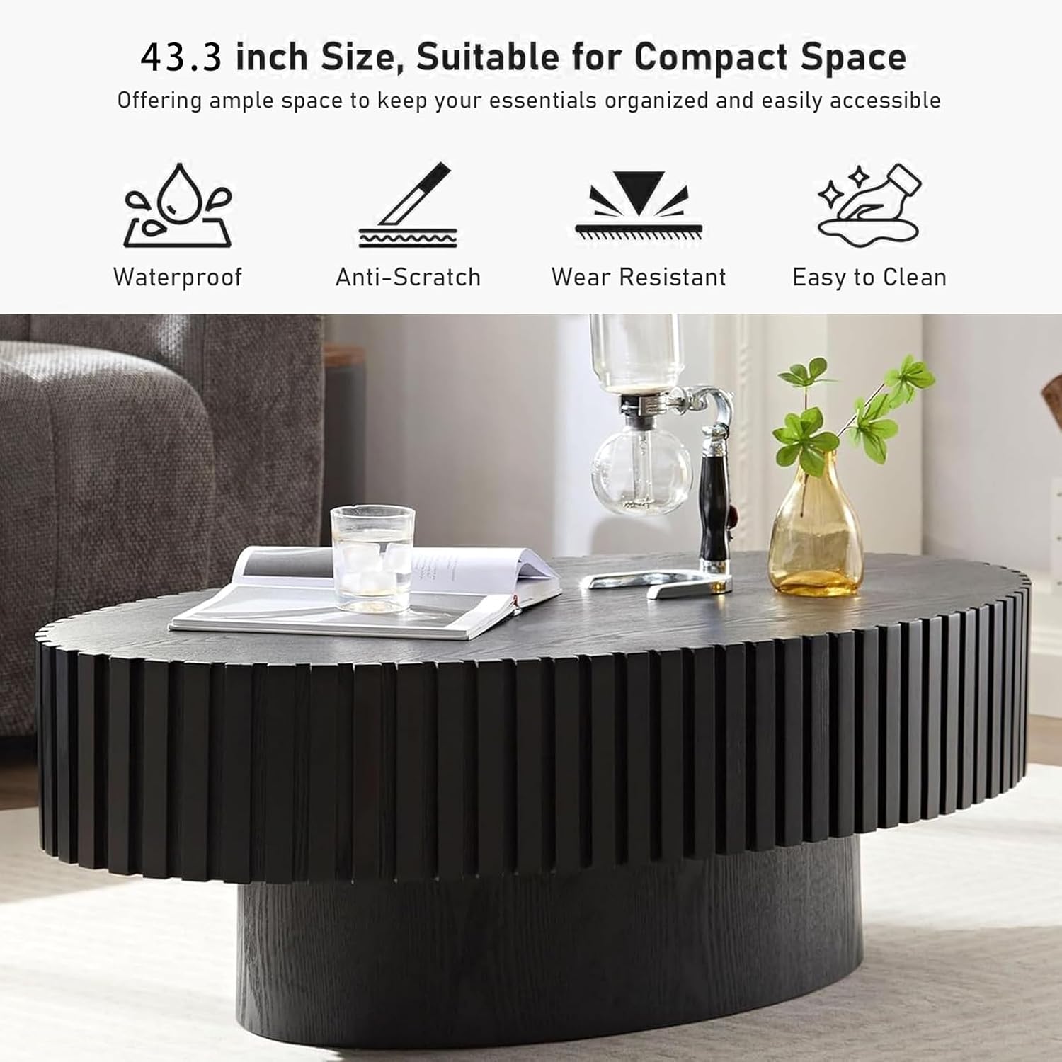 43.3' Oval Coffee Table for Living Room Oval Drum Fluted Coffee Table Modern Handcrafted Fluted Drum Coffee Tables for Living Room (Black)