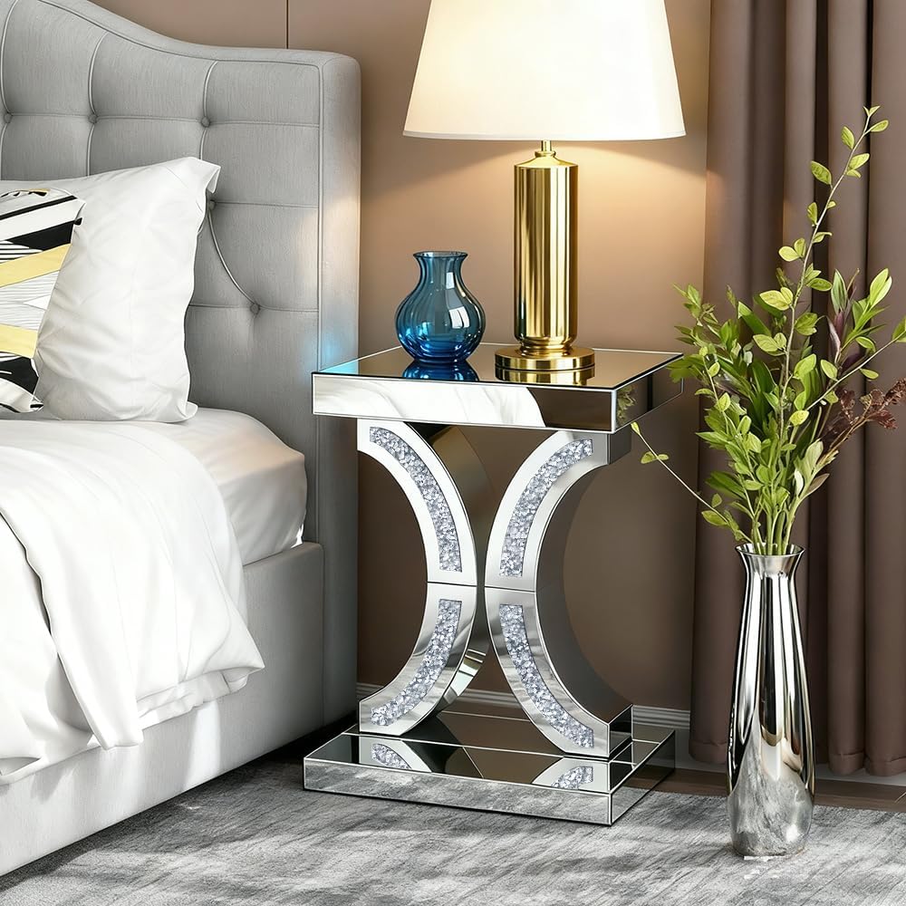Crushed Diamond C-Shaped Mirrored End Table, Silver Side Accent Table, Small Mirrored Coffee Table for Living Room, Bedroom, 16'x12'x23'