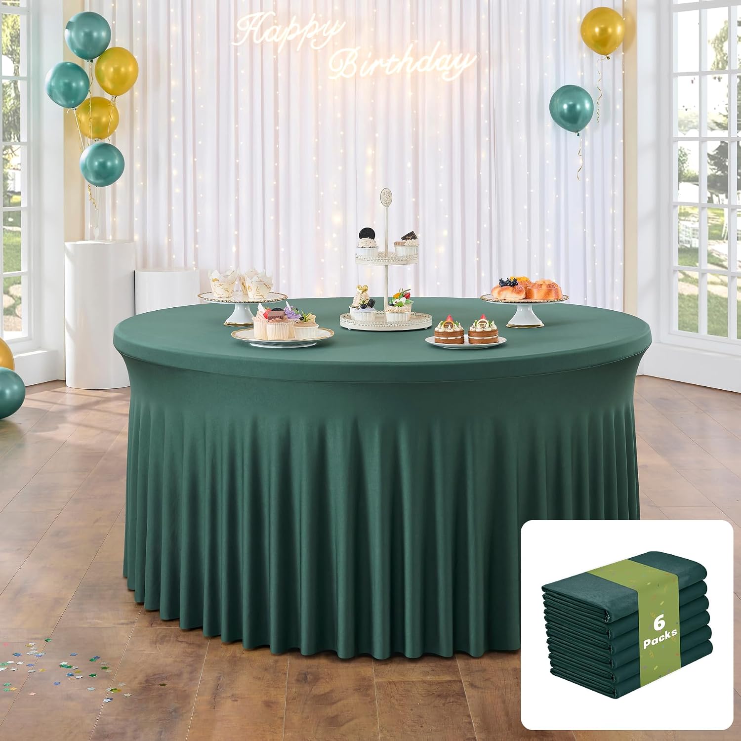 leegleri 6 Pack Spandex Hunter Green 72Inch Round Tablecloths, Stretchy 132inch Fitted 6FT Round Table Cloths, Wrinkle Free Table Cover with Skirt for Wedding Birthday Party Bridal Shower Banquet