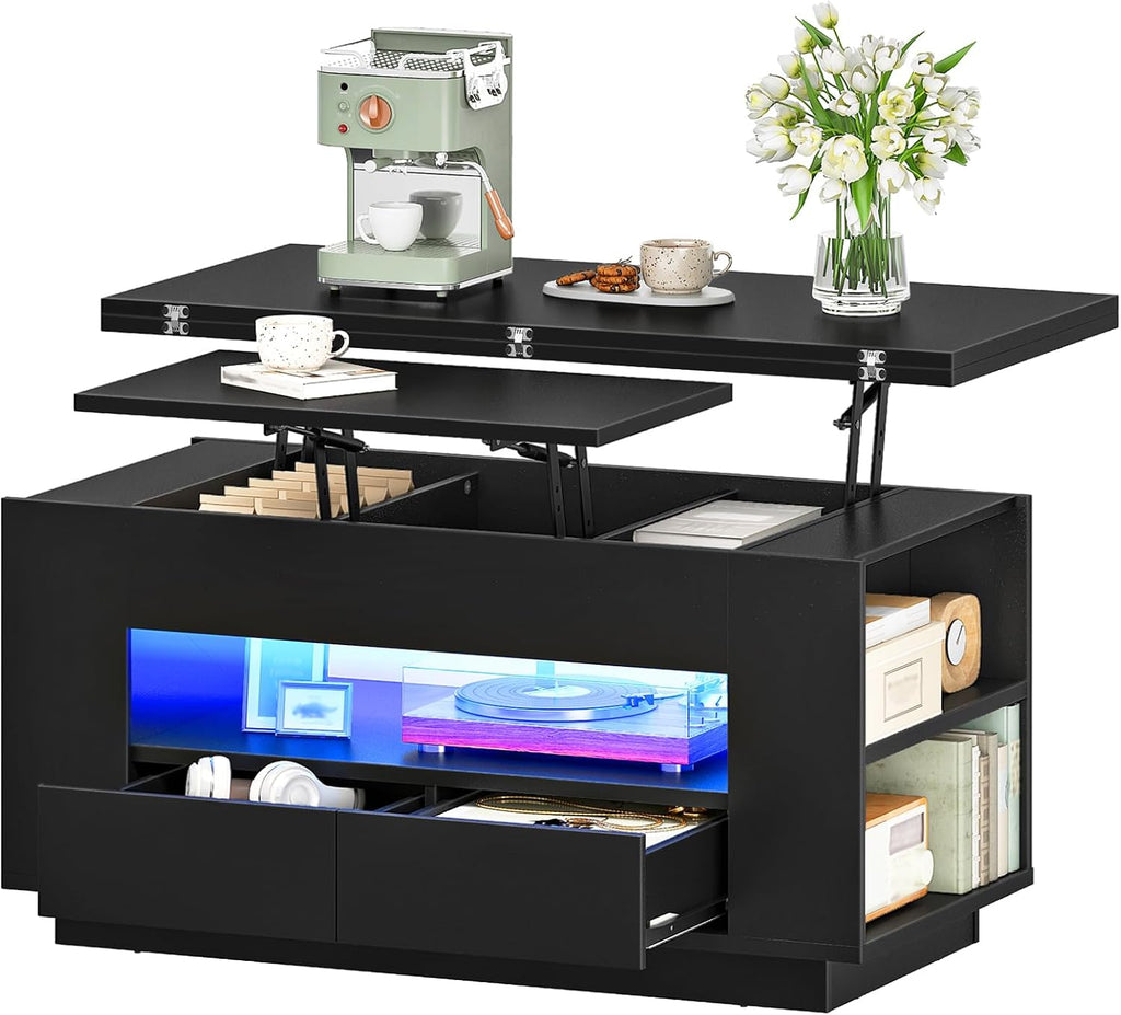 CHOEZON 40-Inch Lift Coffee Table with 2 Drawers, LED Lights and Storage, 4-in-1 Multi-Use Center Table with Floating Base, for Living Room, Black MKF03DBB