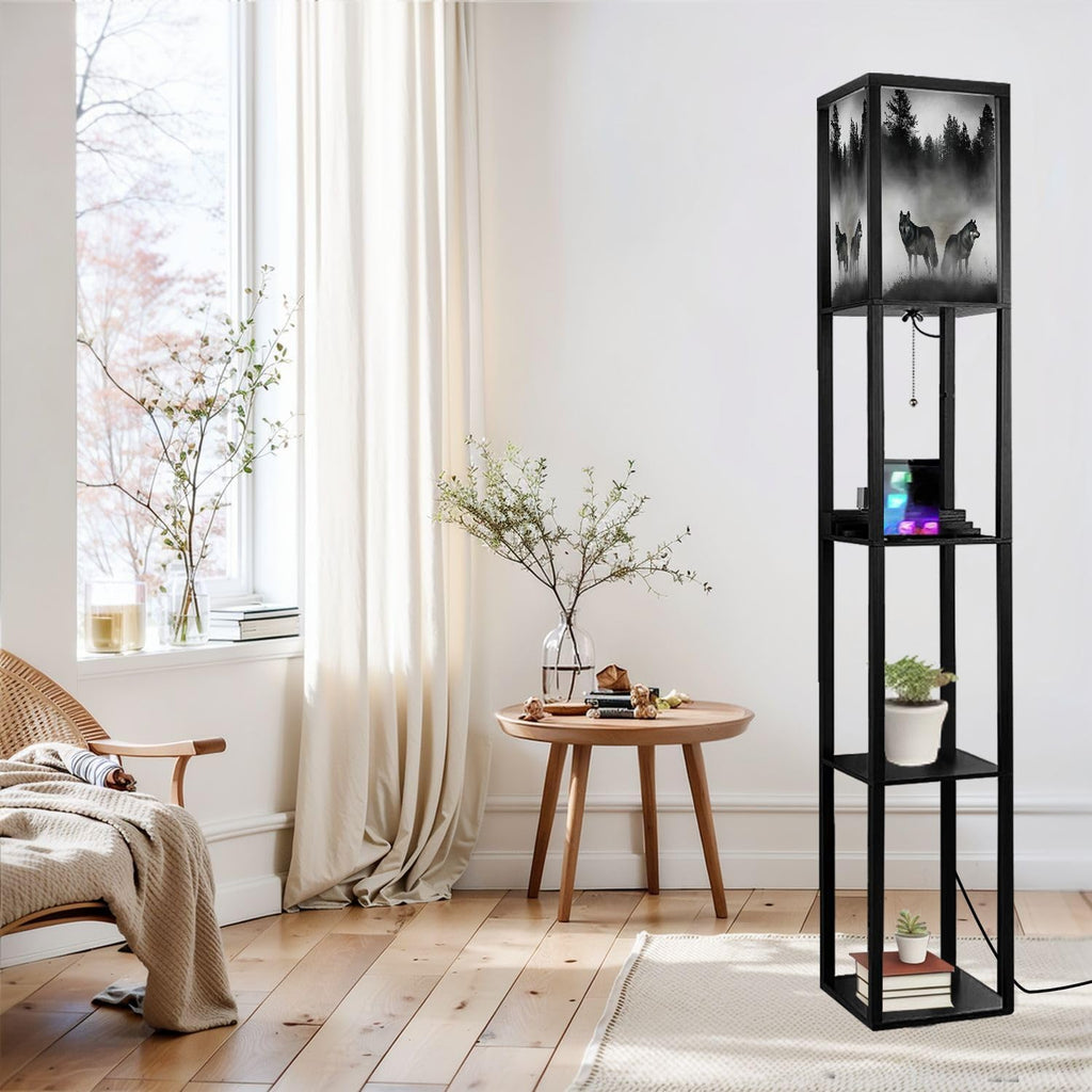 Floor Lamp with Shelves 3D Render Timber Wolfs Standing Tall Lamp USB Ports & Power Outlet Modern Corner Lamp Nightstand Light for Living Room Bedroom
