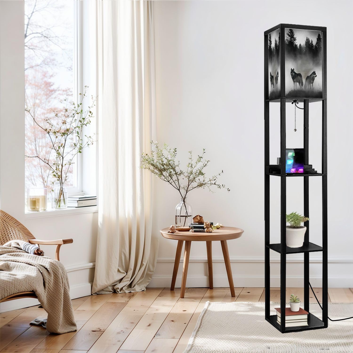 Floor Lamp with Shelves 3D Render Timber Wolfs Standing Tall Lamp USB Ports & Power Outlet Modern Corner Lamp Nightstand Light for Living Room Bedroom